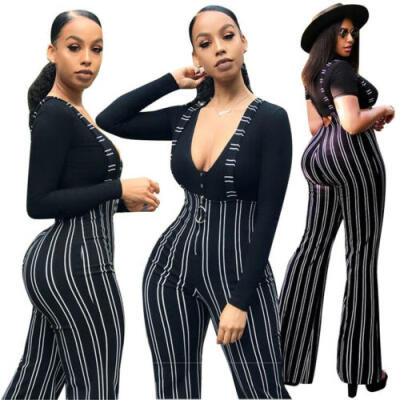 

Women High Waist Striped Suspender Flared Pants Overalls Wide Leg Jumpsuit