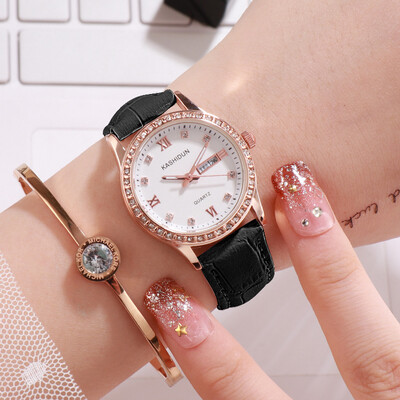 

New fashion girl watch double calendar water drill belt quartz watch woman Korean version of the Internet celebrity steel belt wom