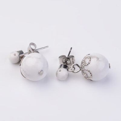 

Dangling Natural Howlite Ear Studs with Metal Findings Platinum 20mm Pin 07mm