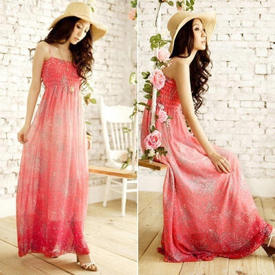 

New Women Ladies Chiffon Boho Beach Maxi Dress Sleeveless Pleated Long Sundress