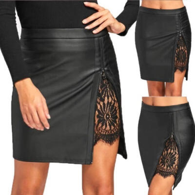 

2018 New Womens High Waist Lace Up PU Leather Pocket Preppy Short Mini Skirts dress UK