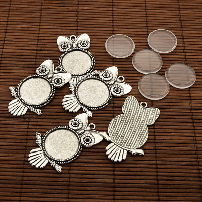 

PH PANDAHALL 5 sets Dome Transparent Glass Cabochons&Antique Silver Owl Alloy Pendant Cabochon Settings