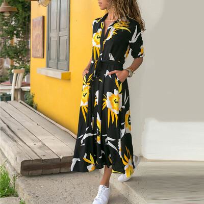 

Women Spring Autumn Casual V Neck Long Sleeve Loose Boho Long Maxi Shirt Dress