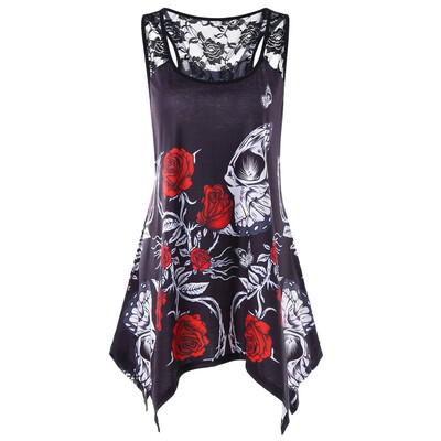 

Starmoon Fashion Women Casual O-Neck Sleeveless Asymmetric Print Lace Camis Vest Top Tee