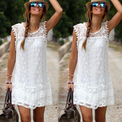 

Fashion New Sexy Women&39s Summer Casual Sleeveless Evening Party Beach Dress Short Mini Lace Dress White  M L XL