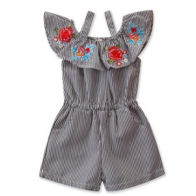 

Toddler Baby Girl Off Shoulder Romper Bodysuit Embroidery Floral Stripe Strap One Piece Jumpsuit Outfit Clothes