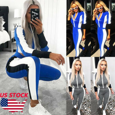 

US Womens Sport Hoodies Sweatshirt Crop Tops Pants Set 2Pcs Tracksuit Sweat Suit