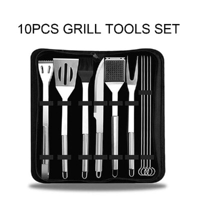 

10pcs BBQ Grill Tools Set Professional Grill Accessories Spatula Fork Basting Brush Tongs Stainless Steel Grill Barbecue Cook Acce
