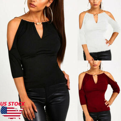 

US Womens Cold Shoulder Loose T-Shirt Short Sleeve Casual Summer Tops Blouse Tee