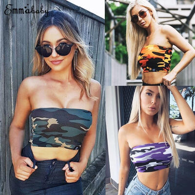 

Women Off Shoulder Elastic Tube Tops Bra Blouse Strapless Camo Bandeau Crop Top Shirt