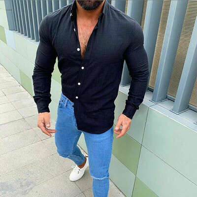 

Mens Linen Long Sleeve Shirt Summer Cool Loose Casual V-Neck Shirts Tops -3XL