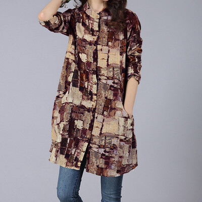 

Starmoon Women Mid-length Cotton Linen Long-sleeved Shirt Printed Collar Top T-Shirt