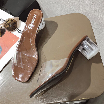 

European station womens shoes 2019 summer new thick heel crystal&transparent film word dew toe sandals&slippers high heel