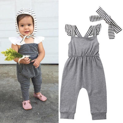 

Newborn Infant Baby Girl Casual Striped Bodysuit Playsuit Romper Pants Bowknot Headband