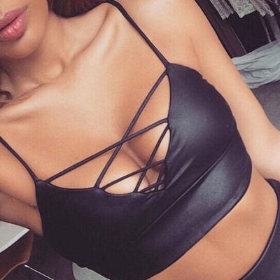 

Womens Sexy PU Halter Bandage Bustier Bra Crop Top Clubwear Nightclub Tops