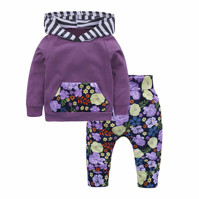 

2PC Toddler Baby Floral Striped Hooded BlousePants Set Outfits Clothes