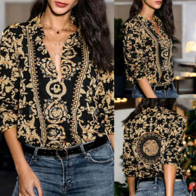 

Women Ladies V-neck Button Down T Shirt Long Sleeve Floral Casual Blouse Tops US