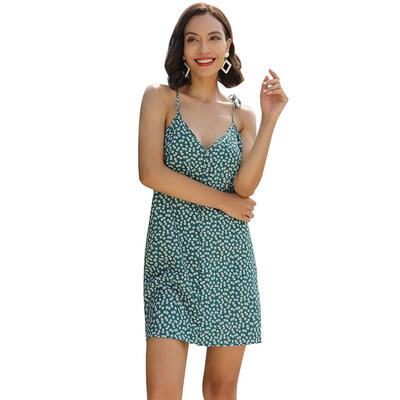 

Sling Floral Print Dress Women V-neck High Waist Short Straight Dresses