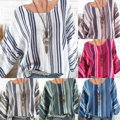 

US Womens Linen Striped Long Sleeve Plus Size Blouse Casual Loose Tops T-Shirt