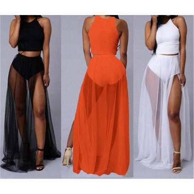 

Black Bohemia Women´s Solid Mesh Dress Long Split Beach Skirt Bikini Long Skirt