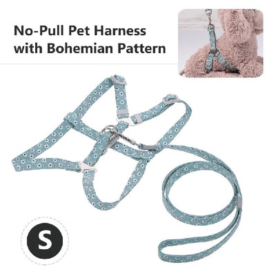

Pet Harness No-Pull Adjustable Chest Straps Bohemian Pattern Vest with Leash Reflective Canvas Leash Vest for Dogs Cats