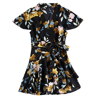 

V Neck Cap Sleeve Floral Print Layered Flounce Tied Strap Asymmetric Women Dress