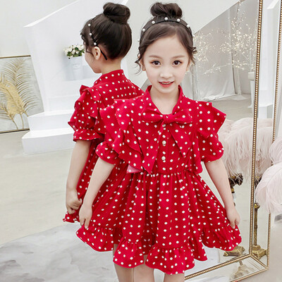 

Toddler Kids Baby Girls Short Sleeve Dot Printing Bowknot Party Princess Dress