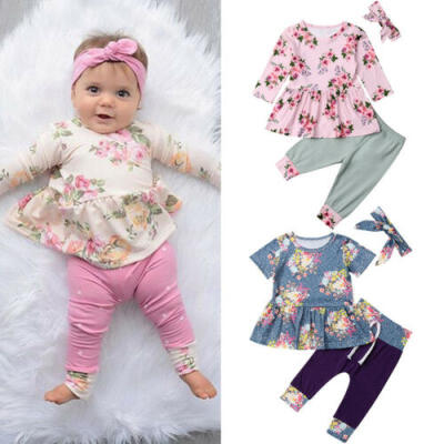 

Newborn Infant Kids Baby Girl Flower Dress Tops Long Pants 3PCS Outfits Clothes