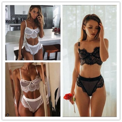 

Fashion Women Sexy Perspective Lace Pure Color Push-Up Bra High Waist Thong Baby Doll Underwear Lingerie Set