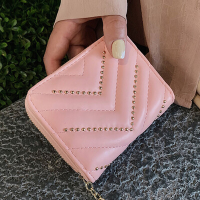 

2019 new Korean version wallet short retro rivets embroidered thread large capacity card bag womens wallet zero wallet