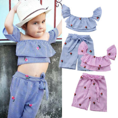 

2Pcs Kids Baby Girls Stripes Flowers Off Shoulder Crop Top Pants Outfits Clothes