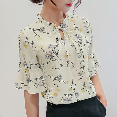 

Starmoon Women Summer Work Office Flare Sleeve Bow Tie Floral Print Chiffon Tee Shirt Top