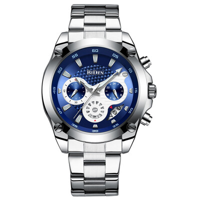 

Biden Mens Watch Three Eyes Calendar Steel Belt Waterproof High-grade Large Dial Multi-function Quartz Watch