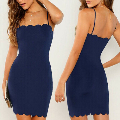 

Women Long Cami Scallop Trim Sleeveless T Shirt Bodycon Cami Tunic Mini Dress