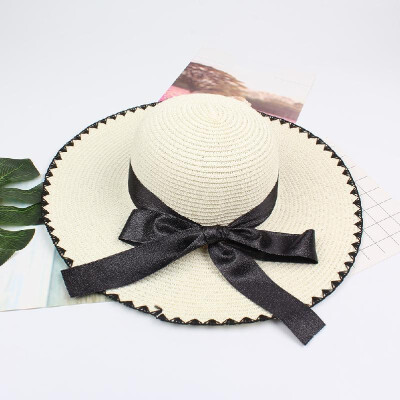 

Women Sun Straw Hat Contrast Bowknot Wide Large Brim Foldable Floppy Casual Summer Beach Cap