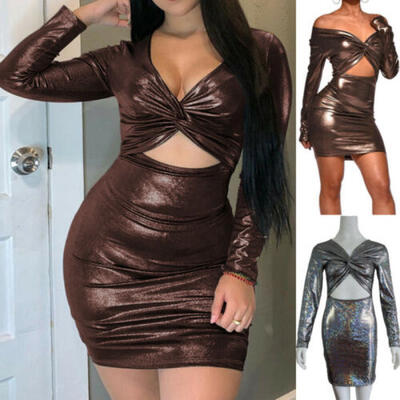 

New Women Bronzing Laser Long Sleeve Bodycon Dress Sexy Club Wear MIni Dress