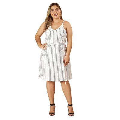 

Fashion Stripe V-neck Skirt Women Casual Sling Plus Size Lace Up Slim Dress