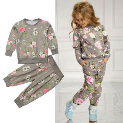 

UK Flowers Kids Baby Girl Cotton Clothes T-shirt Top Pants Outfit Sets Tracksuit