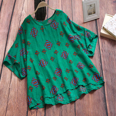 

Starmoon Women Cotton And Linen Loose O-Neck Short Sleeve Print T-Shirt Blouse Tops