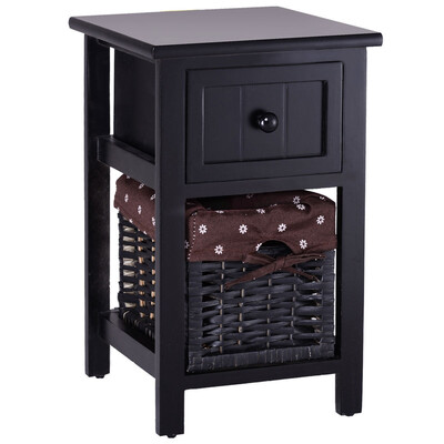 

2 Tier 1 Drawer Bedside Organizer Wood Nightstand w Basket-Black