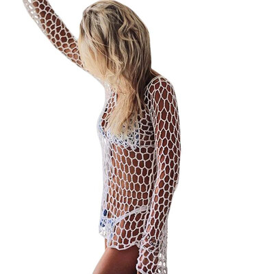 

Sexy Women Transparent Knitted Swimwear Cover Up Hollow Out O Neck Long Sleeve Beachwear