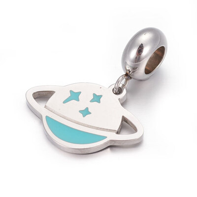 

304 Stainless Steel European Dangle Beads with Enamel Large Hole Pendants Saturn Stainless Steel Color Turquoise 23mm