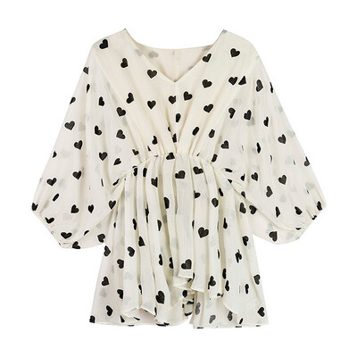

Women Heart Print V Collar Blouse Shirt Summer Casual Batwing Long Sleeve Tops Fashion Loose Chiffon Women Blouses
