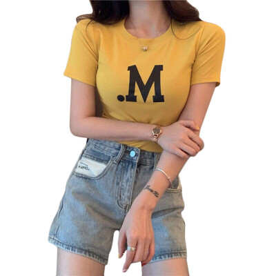 

Womens Korean Style Round Neck Letter Print Short Sleeve Tight Crop Top T-Shirt