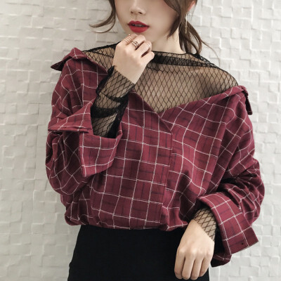 

Sexy Mesh Stitching Womens Shirt Loose Simple Plaid Pattern Long-sleeved Tops
