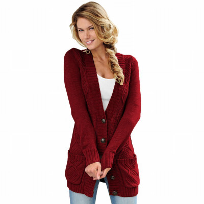 

V-neck single-breasted long-sleeved knit sweater long