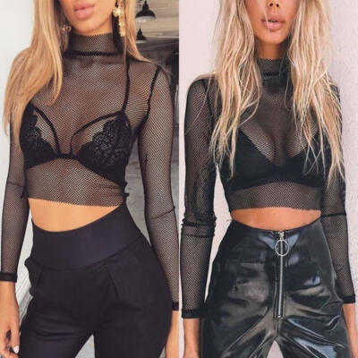 

Fashion Comfortable Women Sexy Mesh Long Sleeve See Through Crop Top T-Shirt Tops Clubwear For Women