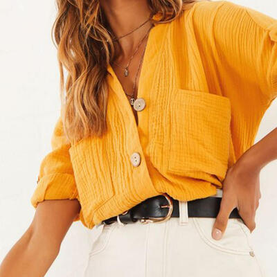 

Solid Color Loose Long Sleeve Blouse Women Turn Down Collar Cardigan Tops