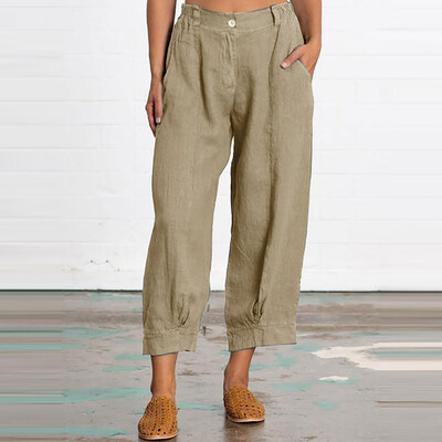 

Tailored Fashion Womens Plus Size Pocket Zipper Button Loose Cotton Linen Splice Pants