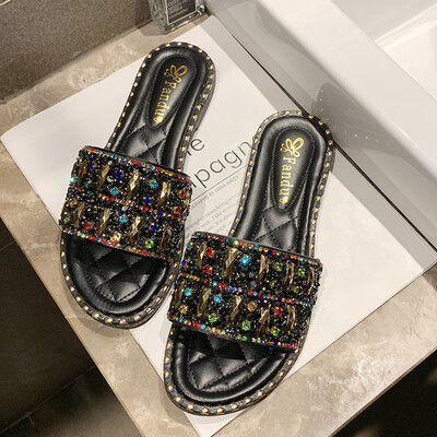 

Internet celebrity slippers women wear fashion 2019 new summer flat bottom half slippers 100 water drill sandals ins tide
